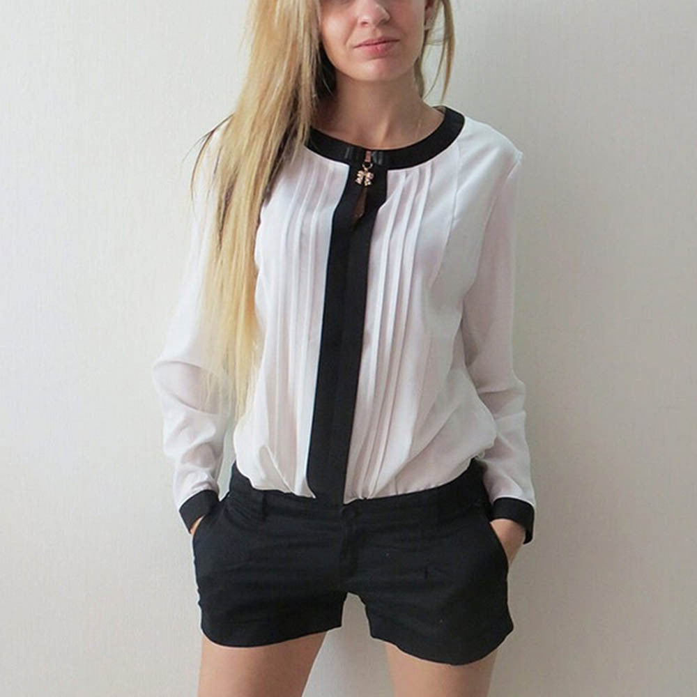 Womens Long Sleeve Shirt Chiffon Pleated Patchwork Office Blouses Tops