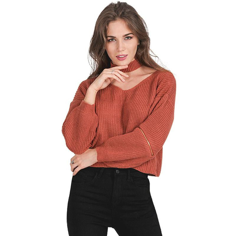 halter knitted warm sweater Casual loose open zipper sleeve pull tricot short black pullover jumper