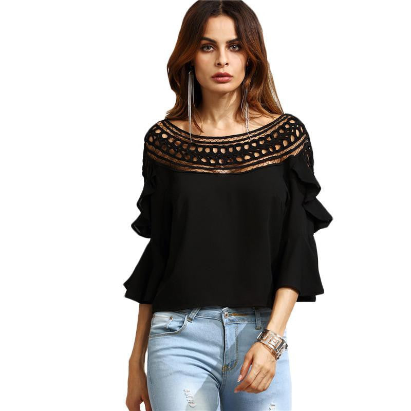 Womens Tops For Ladies Black Crochet Hollow Out Boat Neck Three Quarter Length Sleeve Ruffle Blouse