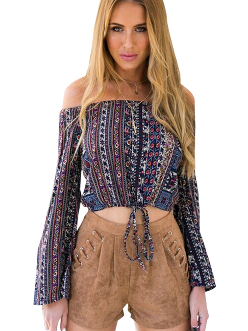 Online discount shop Australia - Boho Off Shoulder Blouse Tie Up Crop Top Cropped  Long Sleeve Loose Striped Tribal Print Retro Ladies Plus Size