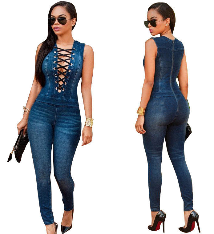 Women and Slim Show Thin Denim Jumpsuits Jeans Deep V Sleeveless Rompers Female Overalls