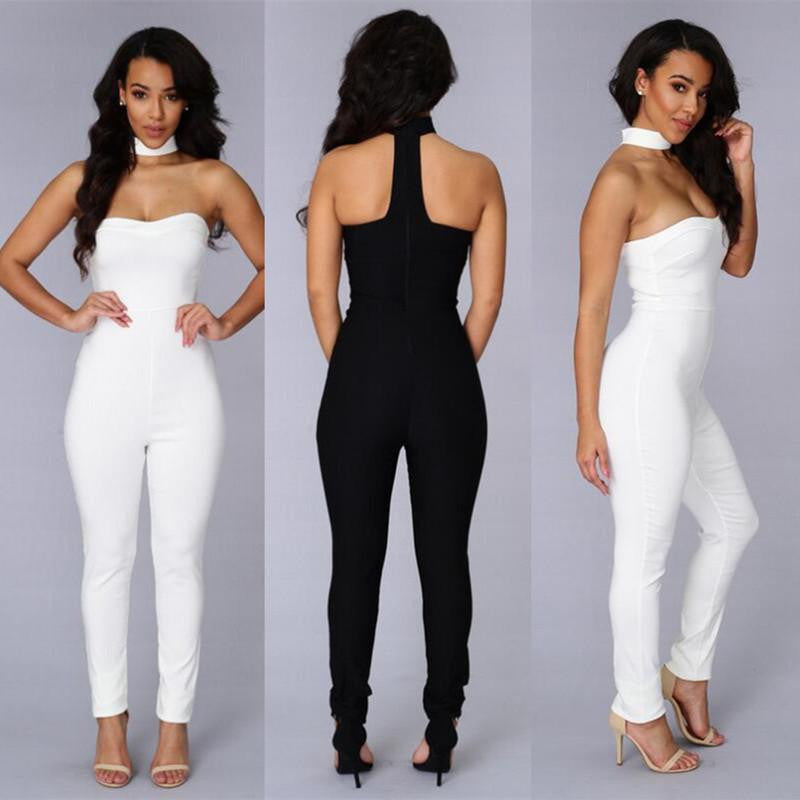 Woman 80's Retro Black/White Strapless Choker Neck Jumpsuit Night Club Wear Sleeveless Rompers