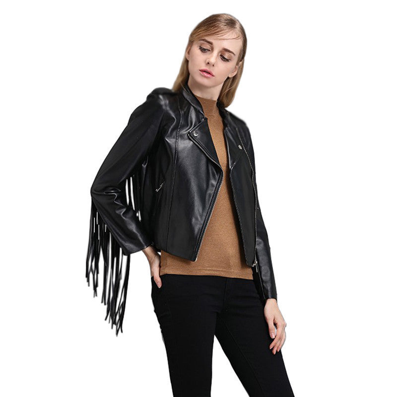 fringed faux PU leather tassels sleeve back zippers women Motorcycle Jacket coat black