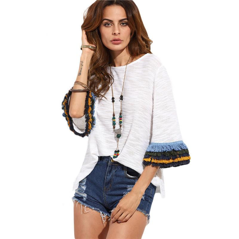 Womens Casual Clothing Tops Ladies Beige Fringe Cuff Round Neck Half Flare Sleeve