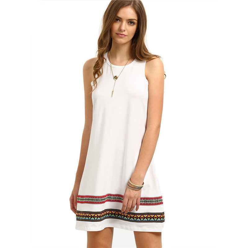 Online discount shop Australia - Dotfashion Female White Vintage-faced Sleeveless Shift Mini Dress Casual Round Neck Straight Short Dress