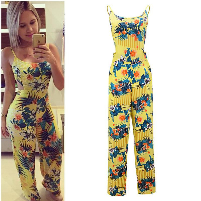 Yellow printing flower Halter straps woman Loose Jumpsuit #WD100