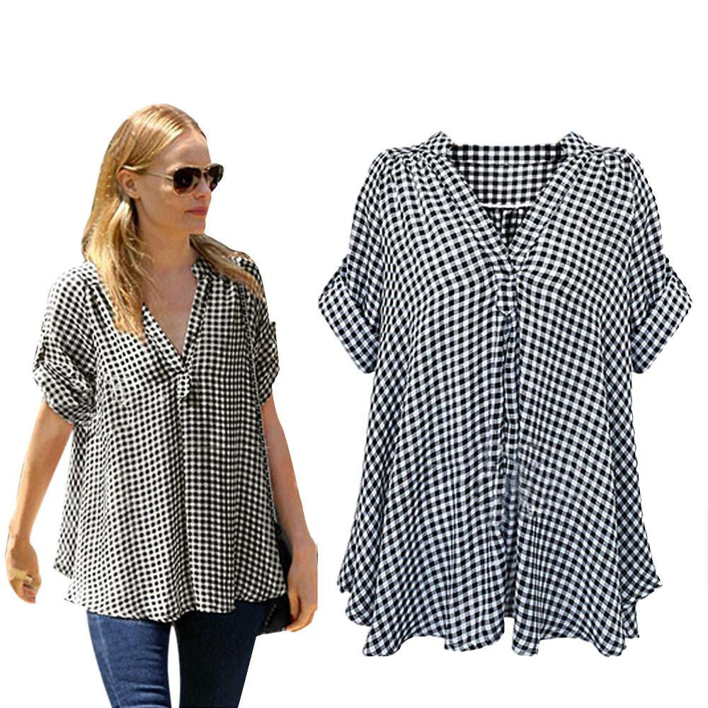 Women Clothing Fashion Loose Plaid V Neck Short Sleeve Casual Vintage Blouses Shirts Tops Female Plus Size 5XL