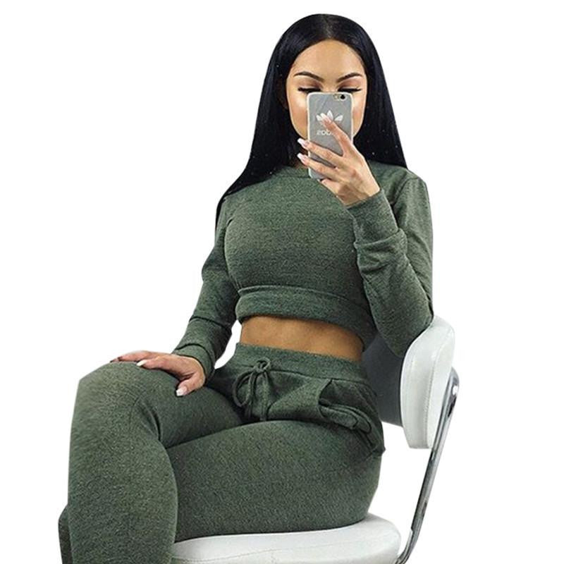 Women Two Piece Outfits Pants Set Rompers Jumpsuit Long Pants 2 Piece Set army green o neck Crop Tops Bodycon Playsuit gray