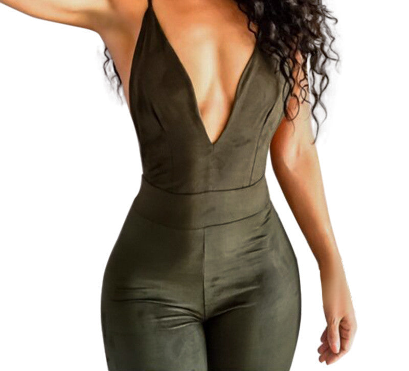 jumpsuit deep V neck Women sexy cross back strappy bodysuit overall bandage backless Jumpsuit green