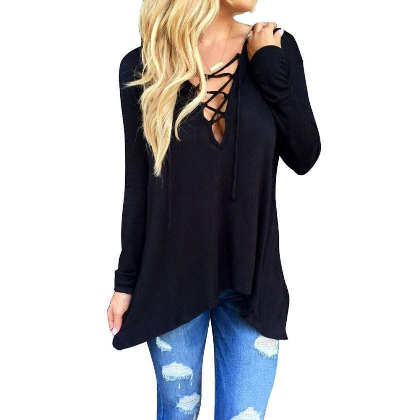 Deep V-neck Blouse Women Front Plunge Lace up Hooded Tops Women's Casual Loose Shirts Pullover Black