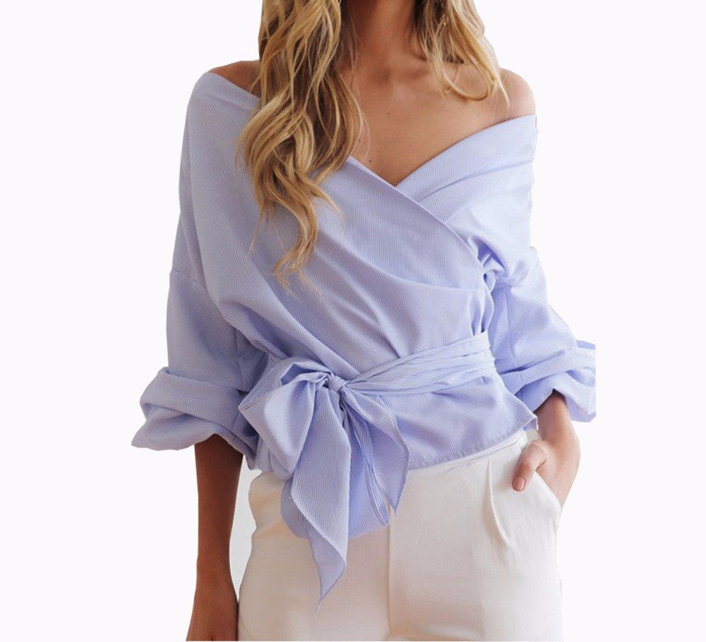 Online discount shop Australia - puff sleeve sexy off shoulder blouse  belted cross women's shirt work blouses plus size women clothes