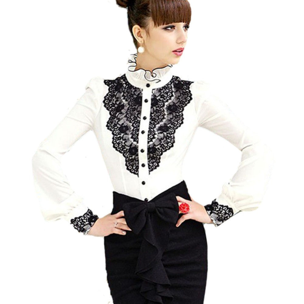 Online discount shop Australia - Blouse Shirts Women Lace Patchwork White Blouses Female Stand Collar Shirt  Plus Size