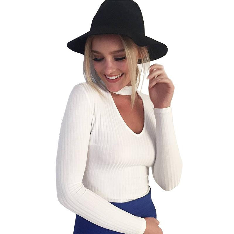 Online discount shop Australia - black halter knitted sweater White sexy pullover women tops Slim v neck long sleeve chic jumper pull