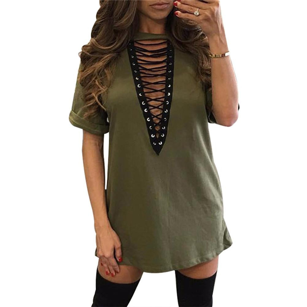 Women Deep V Neck Hollow Out Club Party Dresses Casual Short Loose T-Shirt Dress