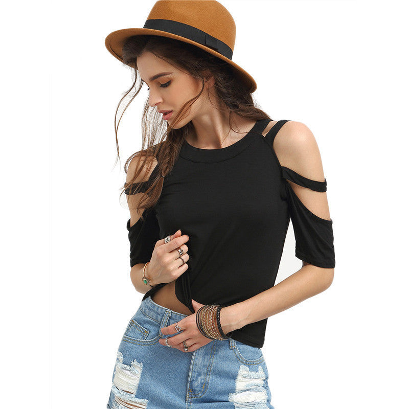 Online discount shop Australia - Ladder-Cutout Shoulder Tee Shirt Fashion Women Tops   Woman T shirts Round Neck Casual Black Crop T-Shirt