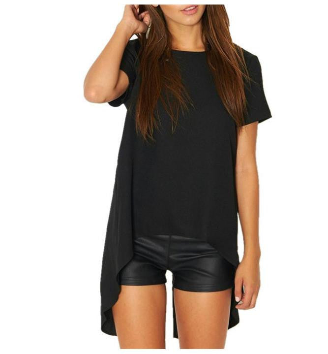 women black back hollow irregular hem roupa tee shirt for female tshirts t-shirt