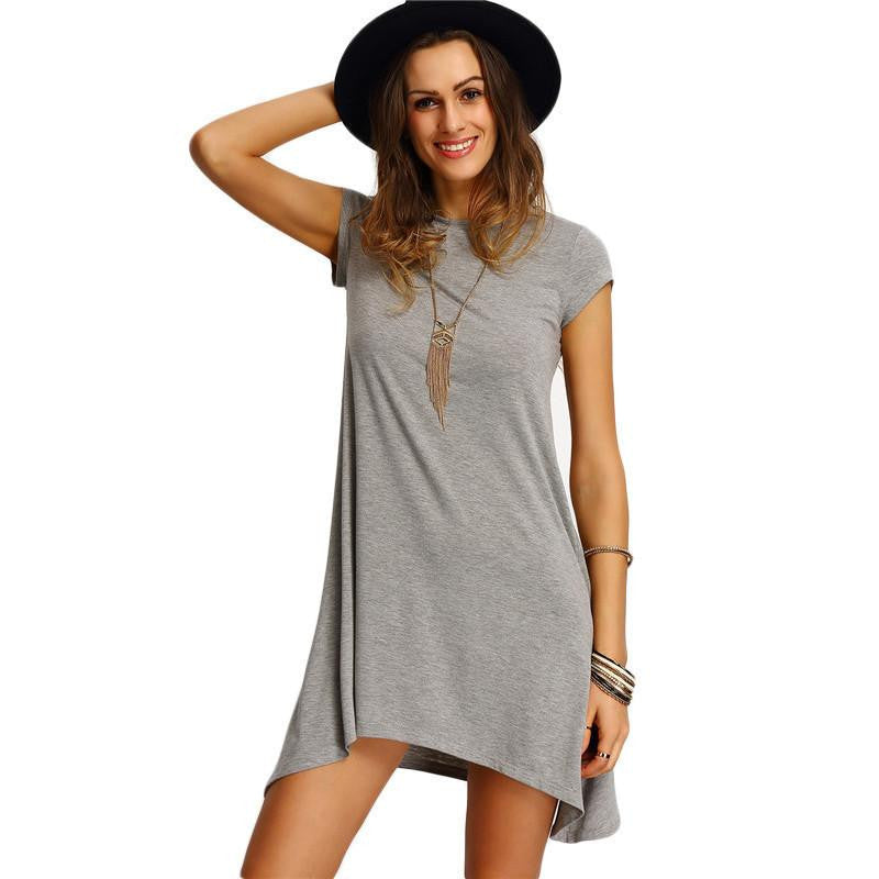 Womens Summer Dresses Ladies Grey Asymmetric Hem Casual Round Neck Short Sleeve Shift Tees Dress