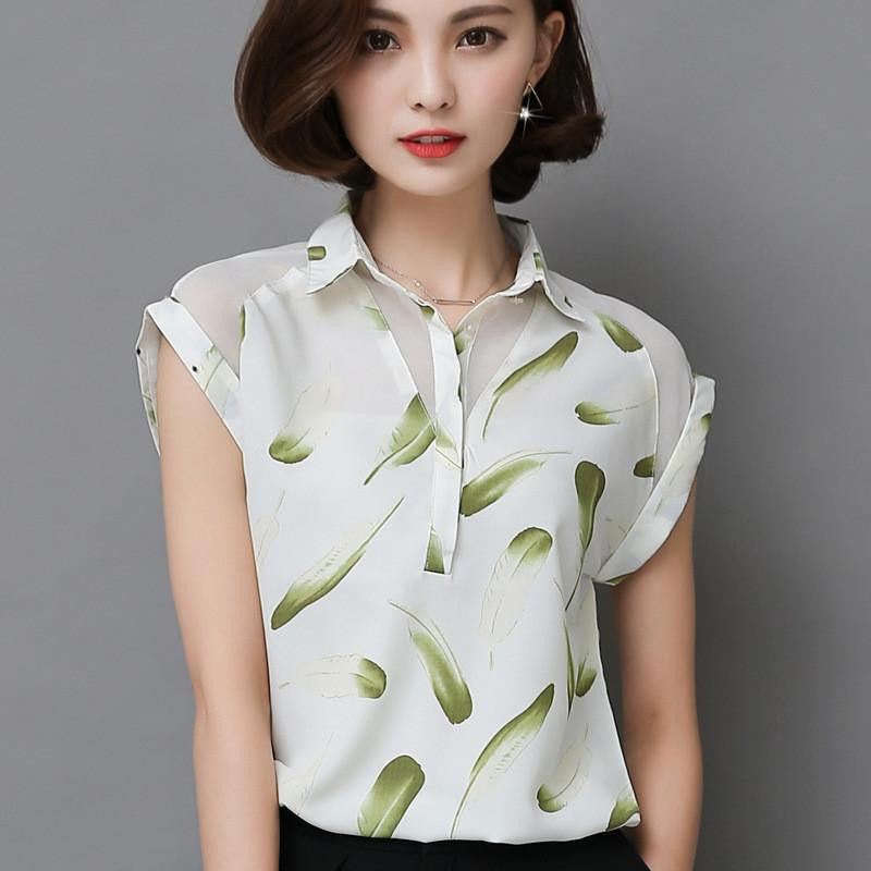Women Plus Size Chiffon Blouses Lady Female Work Casual Short Sleeve Floral Printed Shirts Turn Down Collar