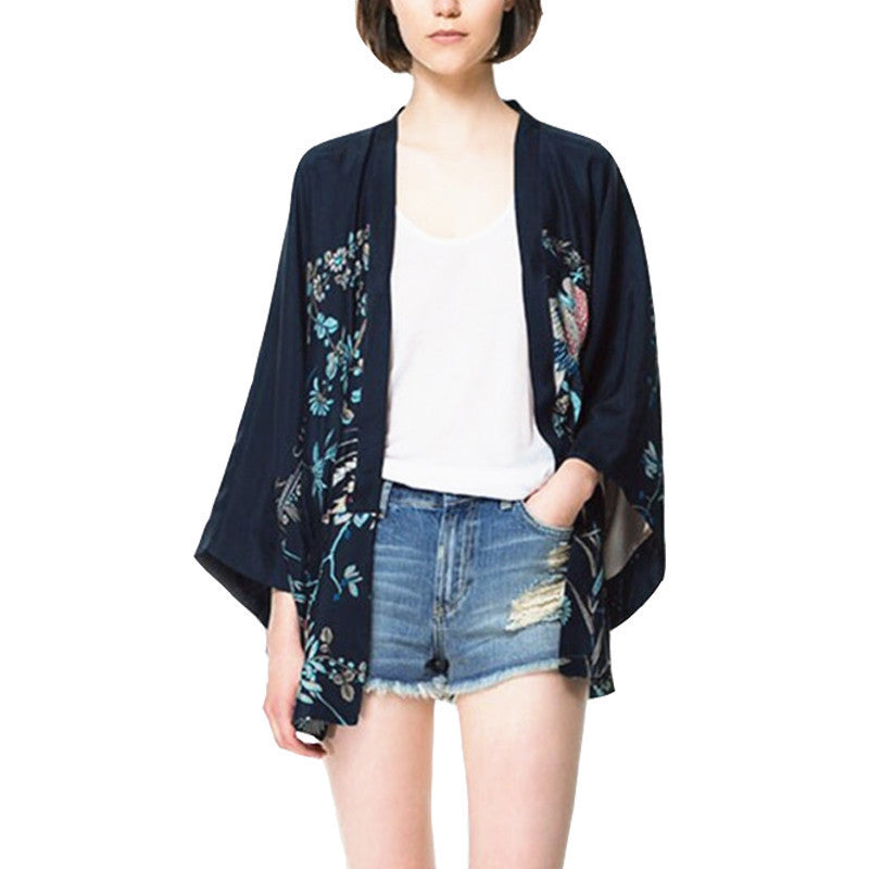 Vintage Retro Women Ethnic Phoenix print oversized Style navy blue Kimono Cardigan Jacket Coat