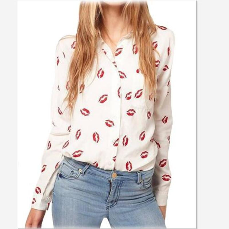 Women Blouse Turn-down Collar Red Lip Print White Lady Chiffon Shirt Long Sleeve Tops Plus Size y487