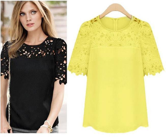 Online discount shop Australia - AQ62 Women Lace Blouses Sexy Plus Size Hollow Crochet  Short Sleeve Shirt Top Blouse S-5XL