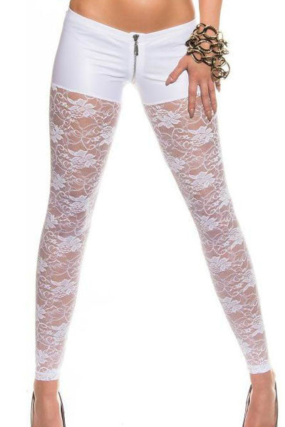 Women's White Black Metallic Shorts Attached Lace Leggings LGY79880