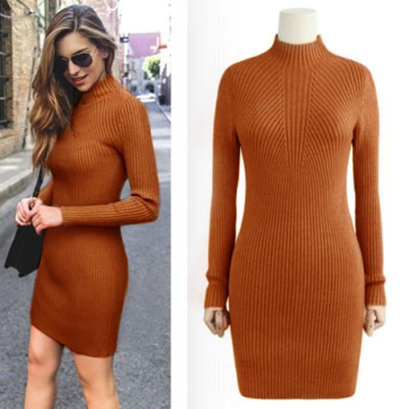 WomenCasual Dress Solid Semi Turtleneck Long Sleeve Thick Warm Bodycon Knitted Party Dress