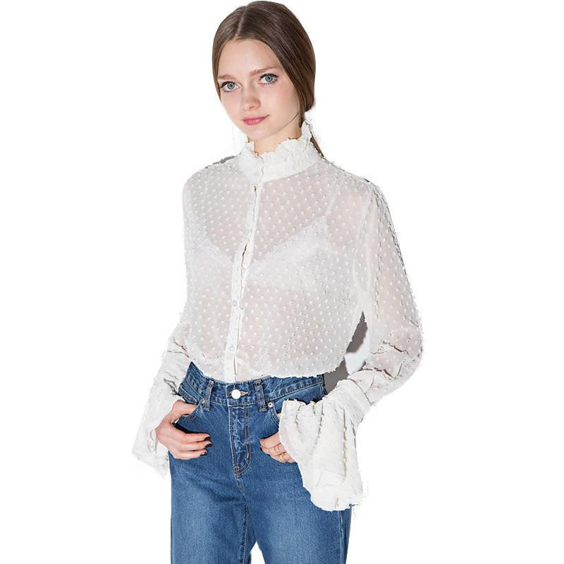 Womens Lace Hollow Out Sheer Flare Sleeve Buttons Blouses Shirts Casual Solid