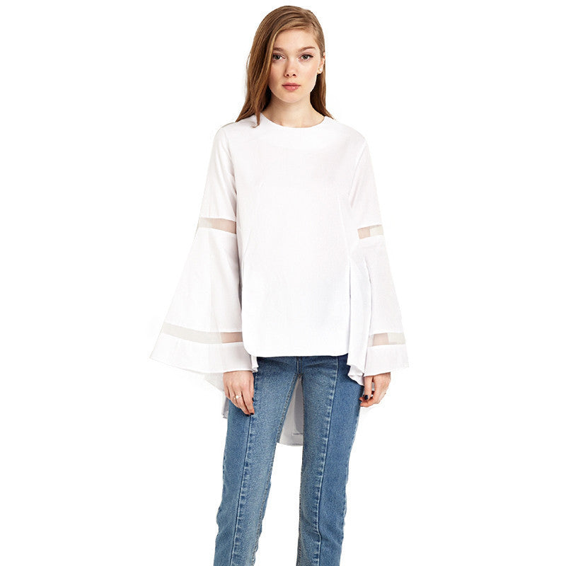 Online discount shop Australia - Long Flare Sleeve Ruffles Stepped  Casual White Solid Color Sweet Mesh Patchwork Blouse Party Club