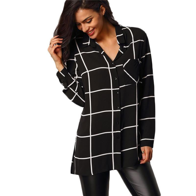 Tops For Womens Casual Shirts European Blouses Brands Black Lapel Long Sleeve Plaid Buttons Pockets Blouse