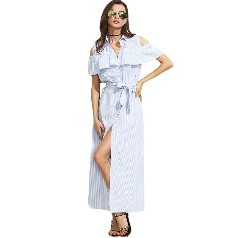 Women Long Dresses Summer Ladies Blue Striped Lapel Short Sleeve Cold Shoulder Ruffle Tie Waist Maxi Dress