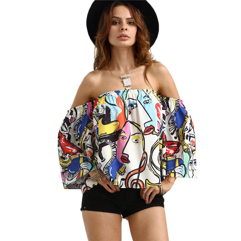 Off The Shoulder Graffiti Print Crop Blouse Womens Tops Fashion Multicolor Half Flare Sleeve Beach Blouses