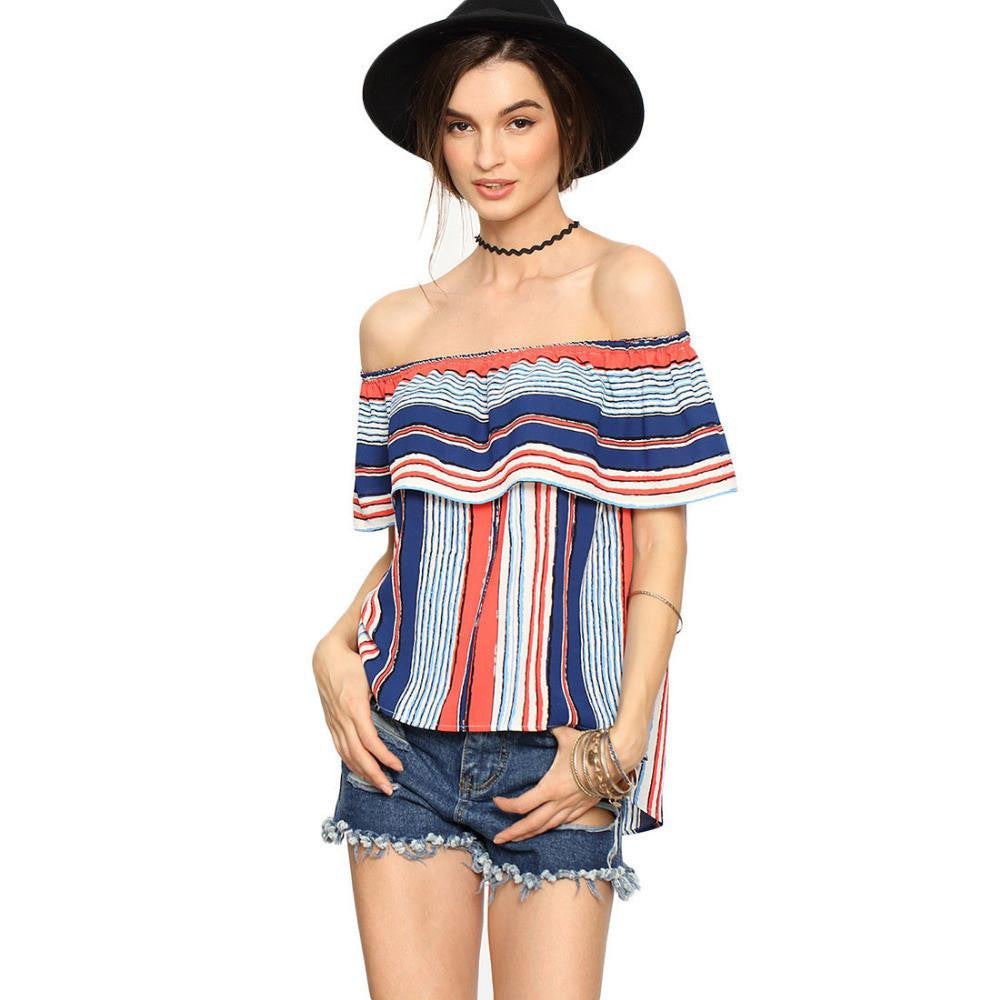 Womens Tops Blouses Ladies Multicolor Striped Off The Shoulder Ruffle Short Sleeve Blouse