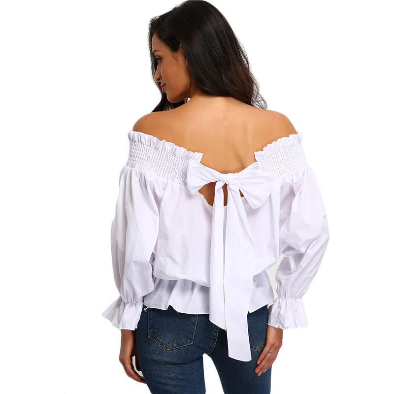 SheIn Fashion Clothing Casual Tops For Women Plain White Off The Shoulder Bow Back Long Sleeve Blouse