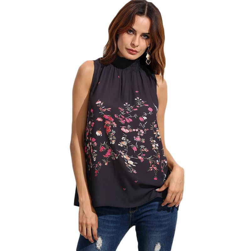 Womens Tops and Blouses For Ladies Fashion Multicolor Floral Print High Neck Sleeveless Blouse
