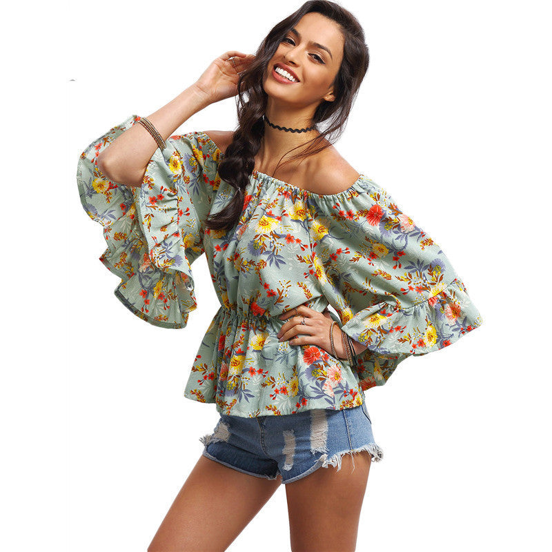 Off-The-Shoulder Flower Print Peplum Blouse Womens Tops Fashion Three Quarter Length Flare Sleeve Chiffon Blouses