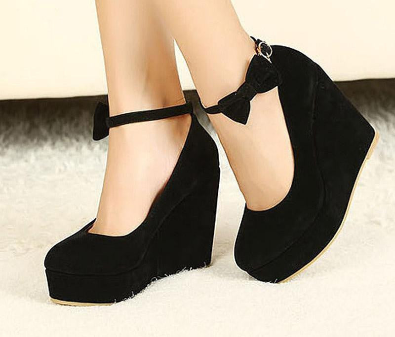 Women Fashion Buckle Ladies Shoes Wedges High Heels Platform black bow Pumps
