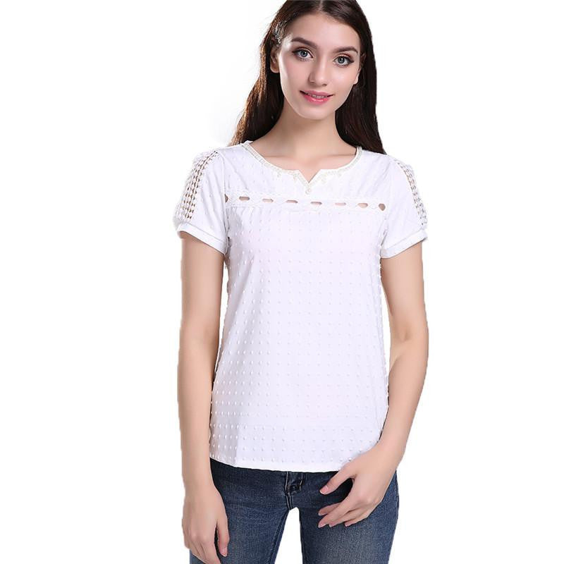 Women Fashion Short Blouse White Color Short Sleeve O-Neck Hollow Out Chiffon Lace Tops Casual Office Loose Shirt