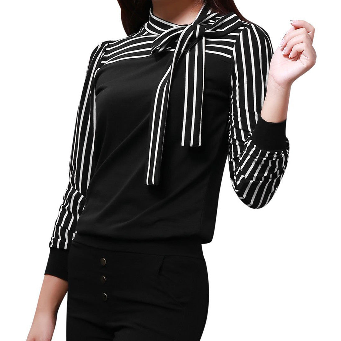 Online discount shop Australia - Lady Bow Neck Blouse Stripe Long Sleeve Shirts Casual Fall Tops