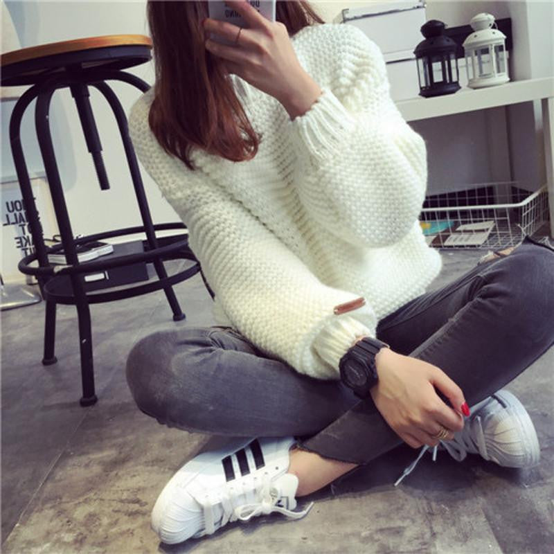 Women Sweater Thick Coarse Wool Knitted Lantern Sleeve Tops Fashion Casual For Knitted Pullover Sweater