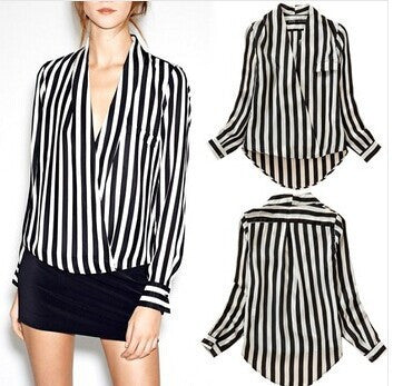 European Style Fashion Long Sleeve Striped Bodysuit Chiffon Blouse Women Office Shirts And Tops V Neck Clothing