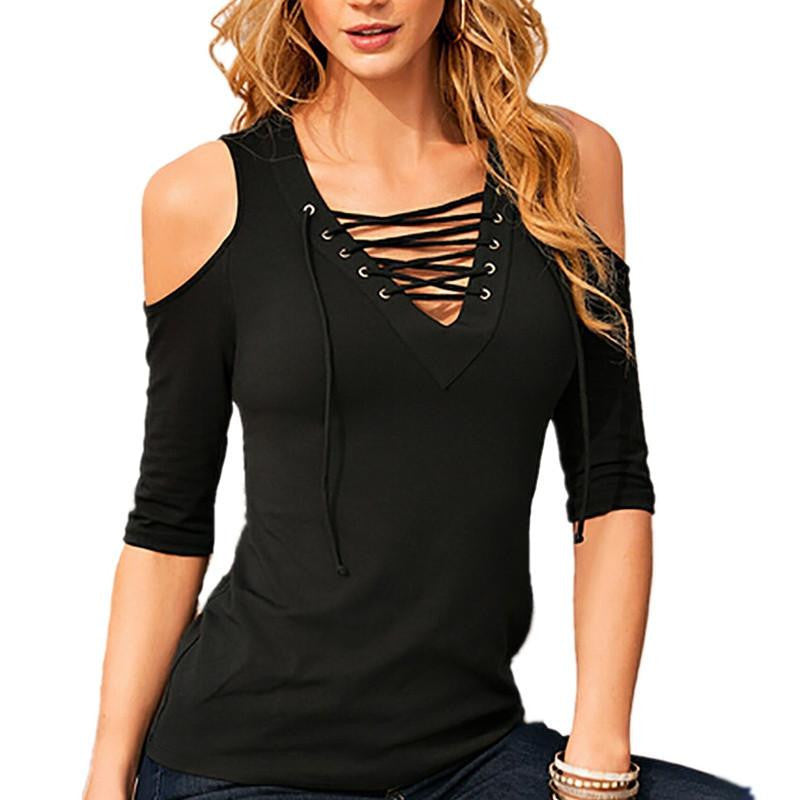 Women Casual Lace Up V neck Blouse Off Shoulder Half Sleeve Slim Tops Plus Size White Gray Shirts