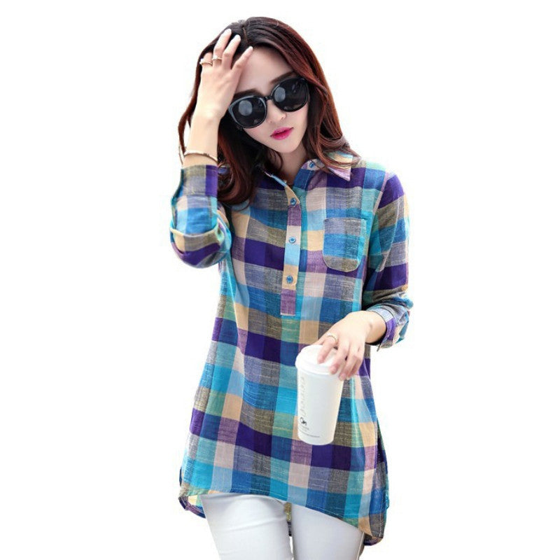 Plaid Shirt Women Female Collar Long Sleeve Shirt Women Casual Cotton Linen Blouses Tops