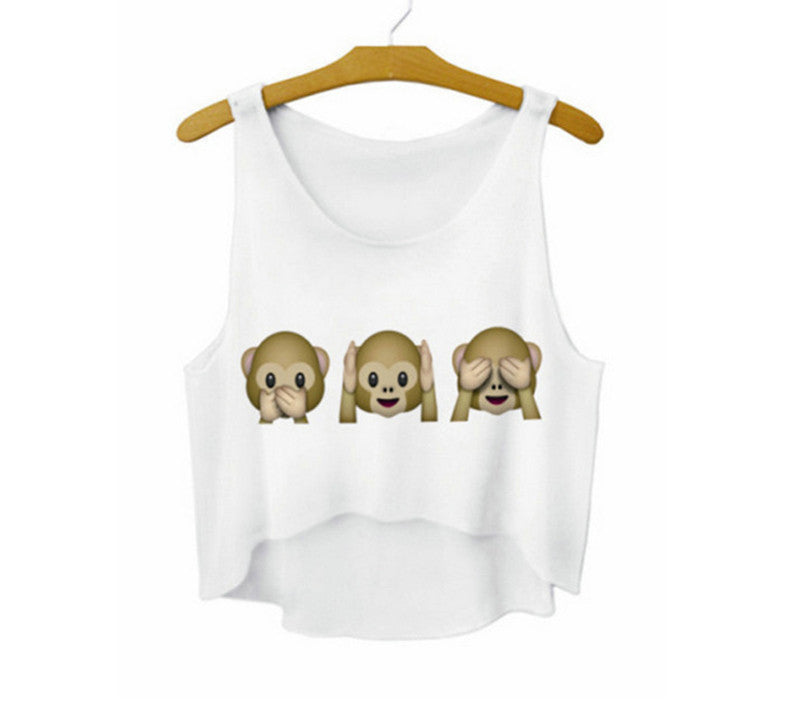 Emoji Monkey Printed Casual Crop Tops Women Fashion Cropped Top Kawaii Girls Short Tank Top