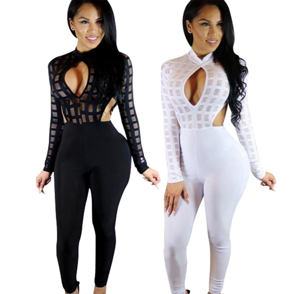 Online discount shop Australia - Julissa Mo Sexy Black Jumpsuit Rompers Hollow Out Plaid Bandage Mesh White Overalls Catsuit Night Club One Piece Long Jumpsuits