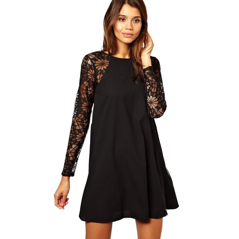 Women Autumn Chiffon Solid Black Dress Crewneck A-Line Lace Long Sleeve Street Umbrella Dress