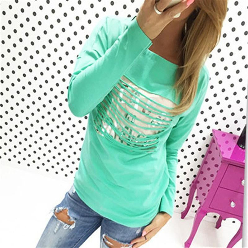 Women Casual Long Sleeve Women Tassel Hollow Out Tops Plus Size Tee Shirt