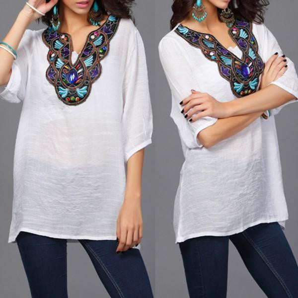 Women Ethnic Embroidery Long Tops Blouse 3/4 Sleeve Pullover Shirt