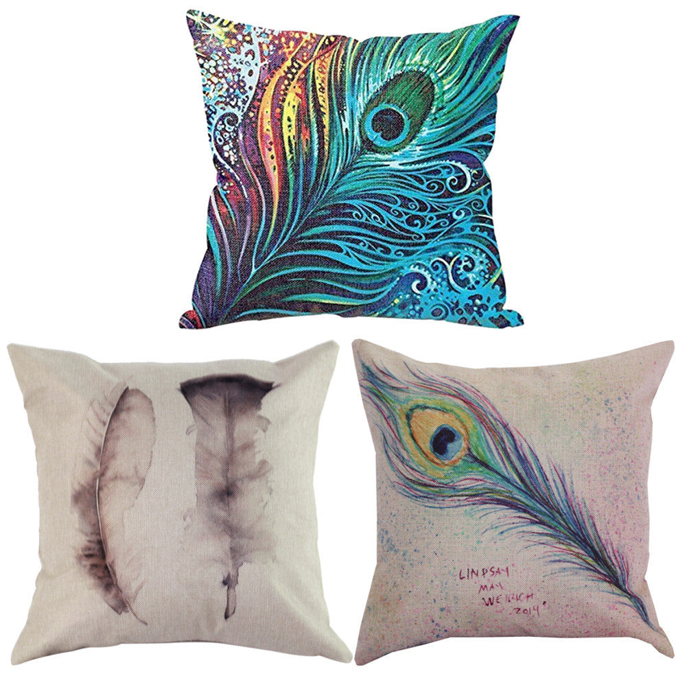 Online discount shop Australia - Colorful Feathers Cotton Linen Throw Pillow Case Cushion Cover For Car Sofa Bed Home Decor FULI