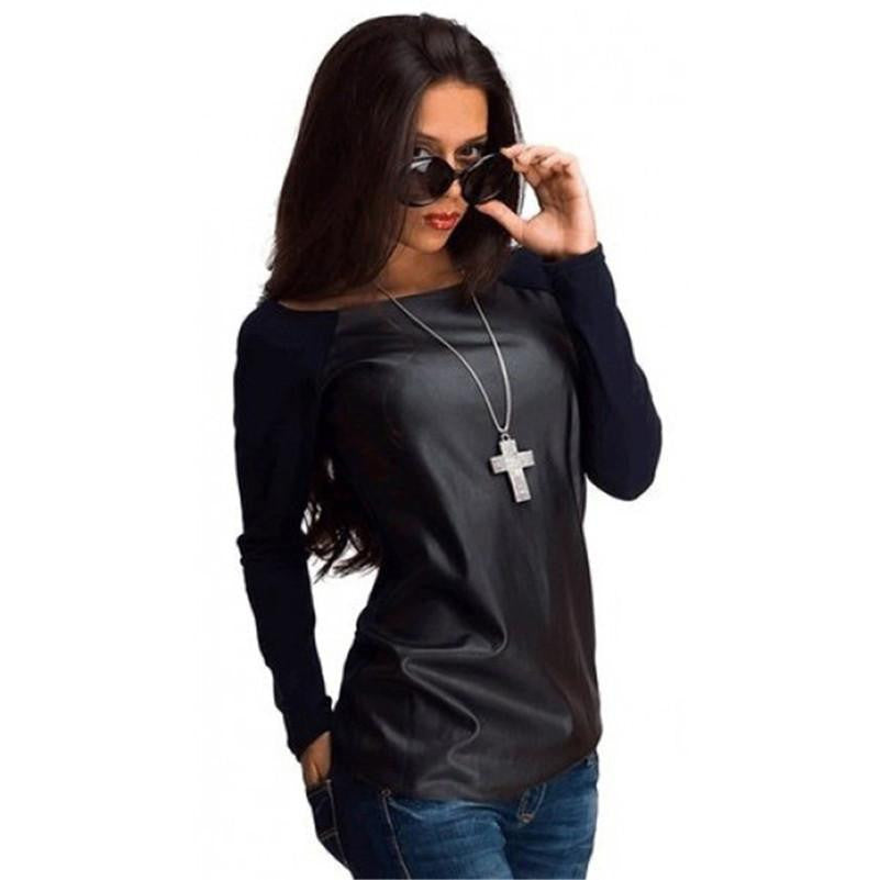 Women Off Shouder Shirt Patchwork Personality Pu Leather Long Sleeve Casual Loose Fall T Shirt Tee Tops